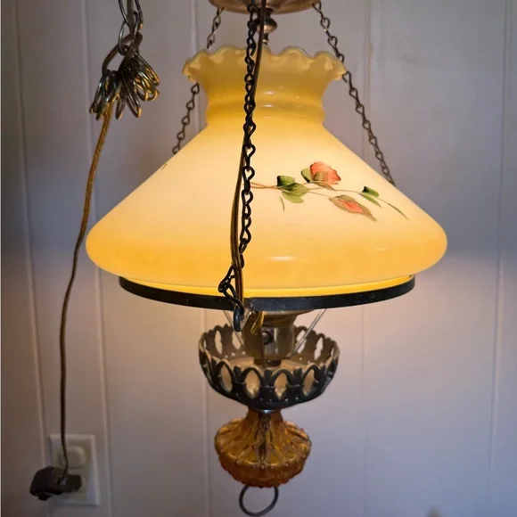 Vintage Swag Hanging Lamp Milk Glass Globe Light Hurricane Floral brass chain